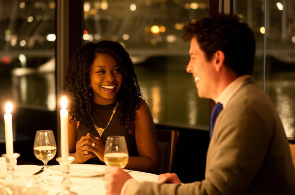 Couple enjoying an intimate dinner at a Chattanooga restaurant overlooking the river