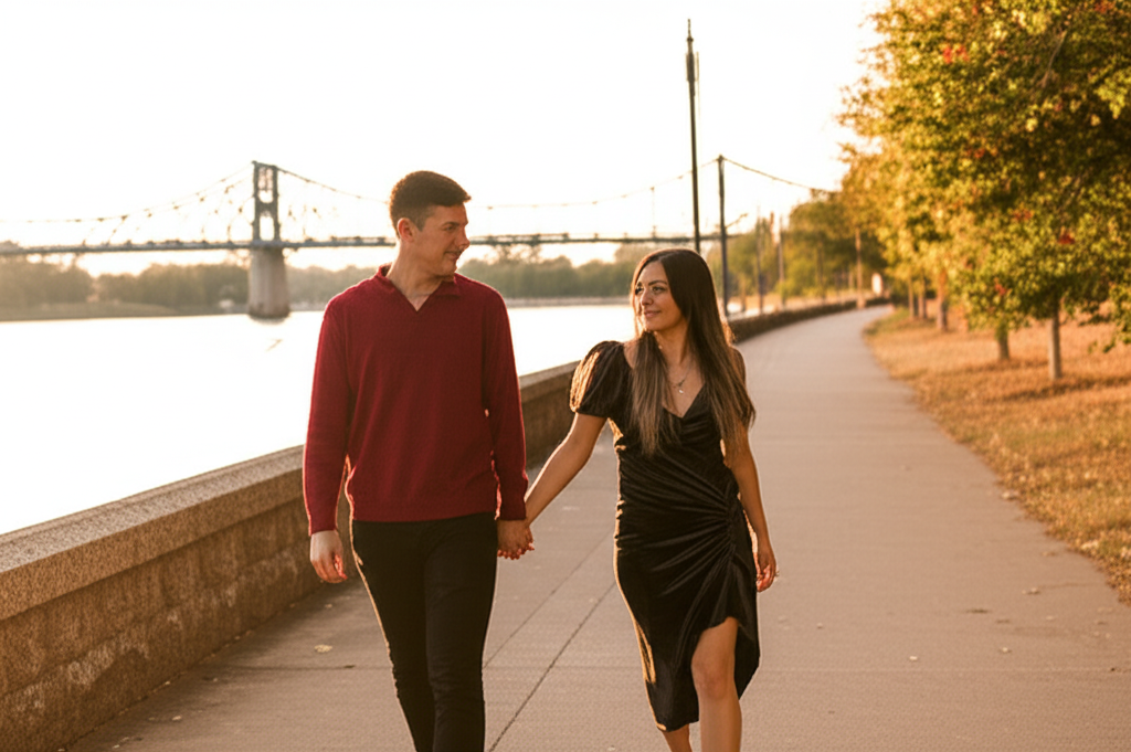 Young couple walking along the Chattanooga riverfront at sunset with bridge in background