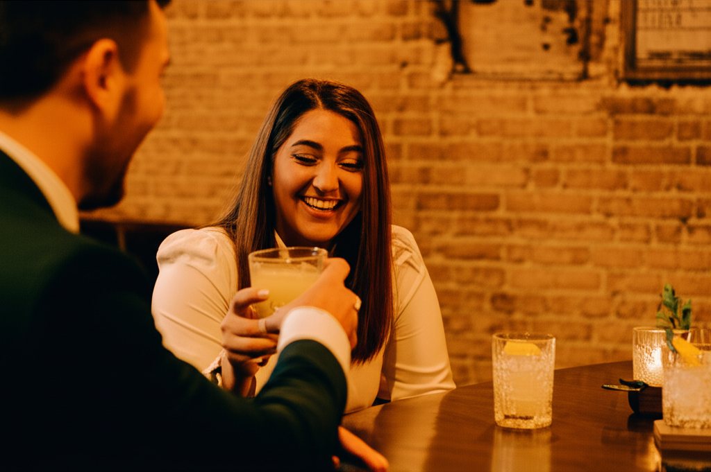 Couple toasting craft cocktails at a Nashville bar after an escape room