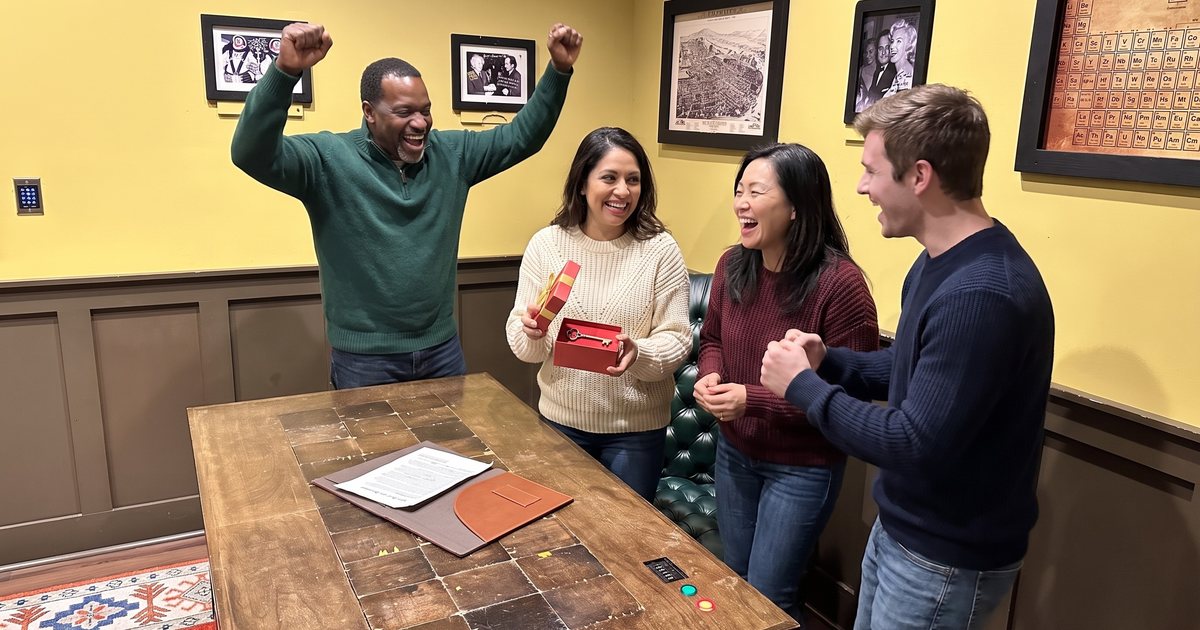 Four friends in winter sweaters celebrate in The Inheritance escape room study as one woman holds up a red gift box with a brass key inside