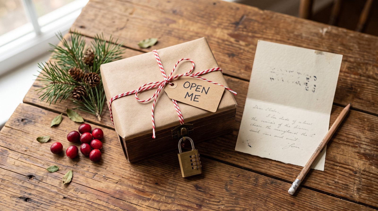 A small wooden box wrapped in kraft paper and red and white twine, locked with a brass combination padlock, with a tag that reads OPEN ME next to pine sprigs and cranberries