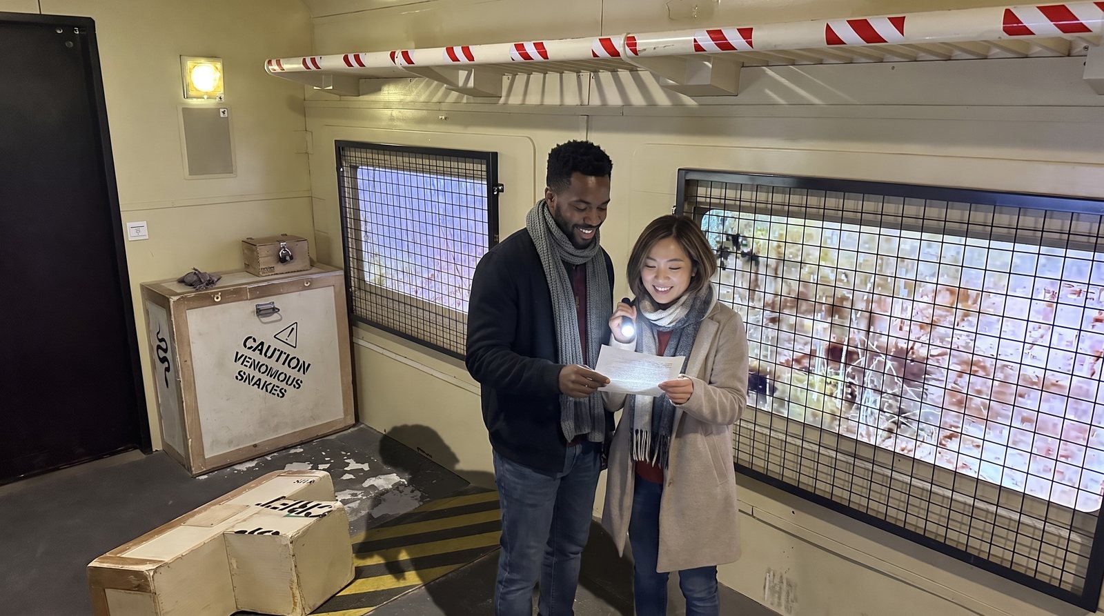 A couple in winter coats and scarves reads a paper clue by flashlight inside the Runaway Train escape room car at the Chattanooga Choo Choo
