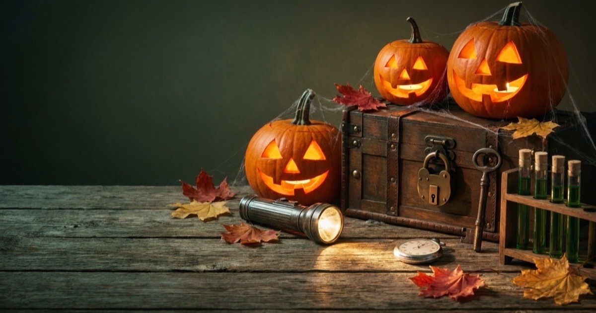 Glowing jack-o'-lanterns beside a padlocked wooden chest, a skeleton key, a flashlight and vials of green liquid on a rustic table