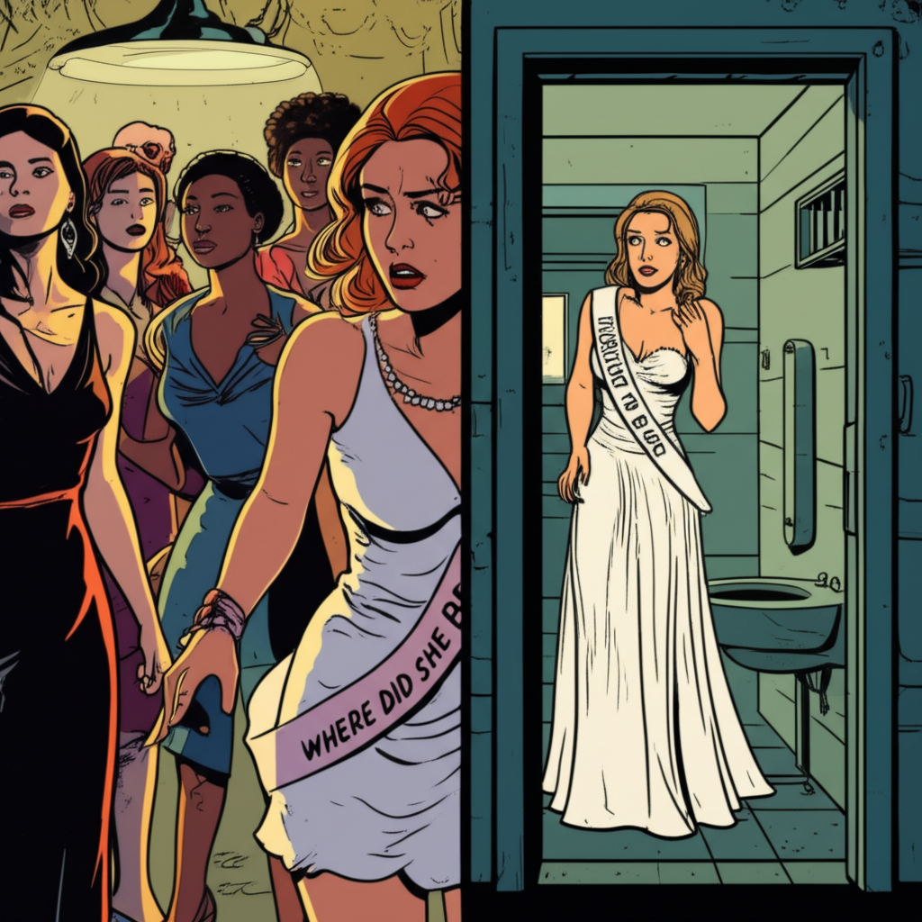 Comic illustration of a bachelorette party bride finding a prop bathroom in an escape room