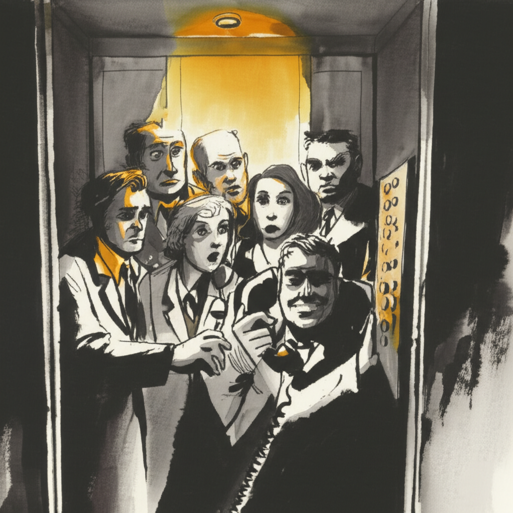 Comic illustration of a group stuck in an elevator dressed formally, looking anxious