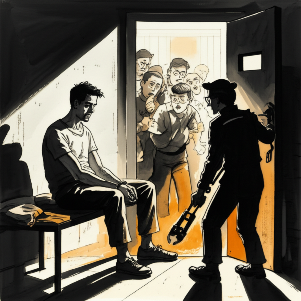 Comic illustration of a man handcuffed in an escape room cell while others look on