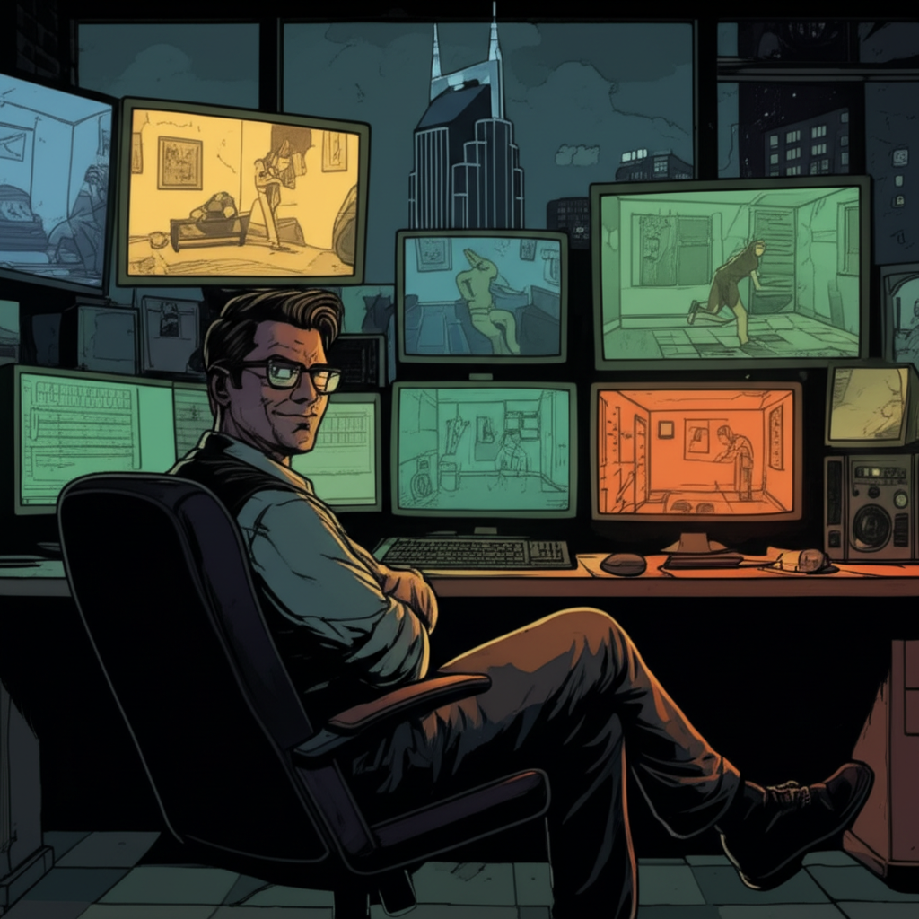 Game master watching escape room surveillance cameras from the control room