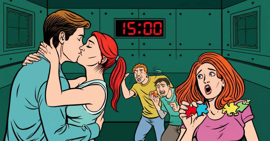 Comic illustration of a couple making out in an escape room while teammates panic around them