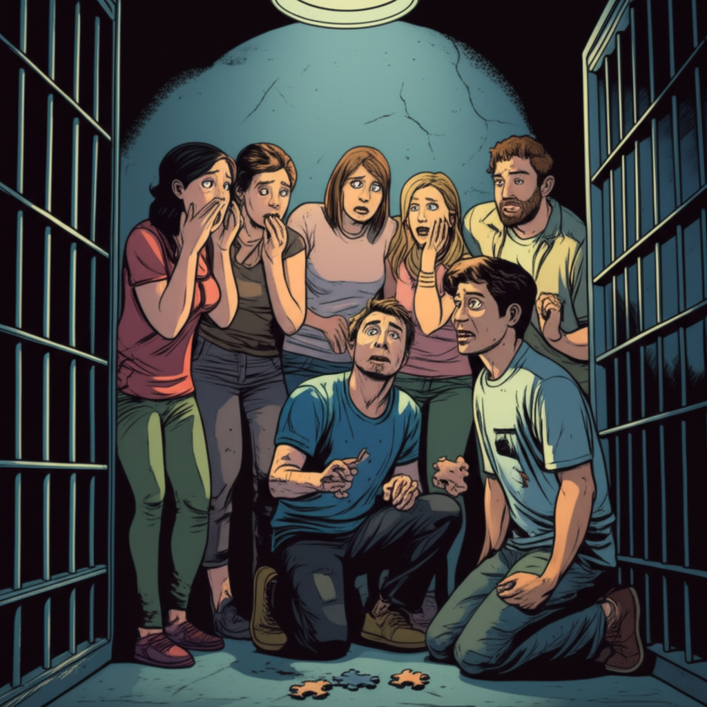 Comic illustration of a frightened group huddled in a prison-themed escape room