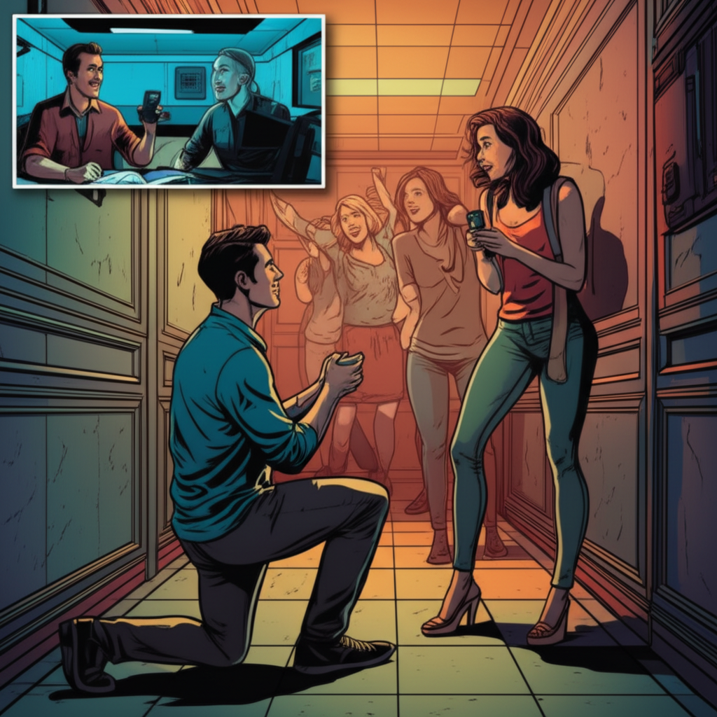 Comic illustration of a man proposing in an escape room while friends cheer and staff watches on camera