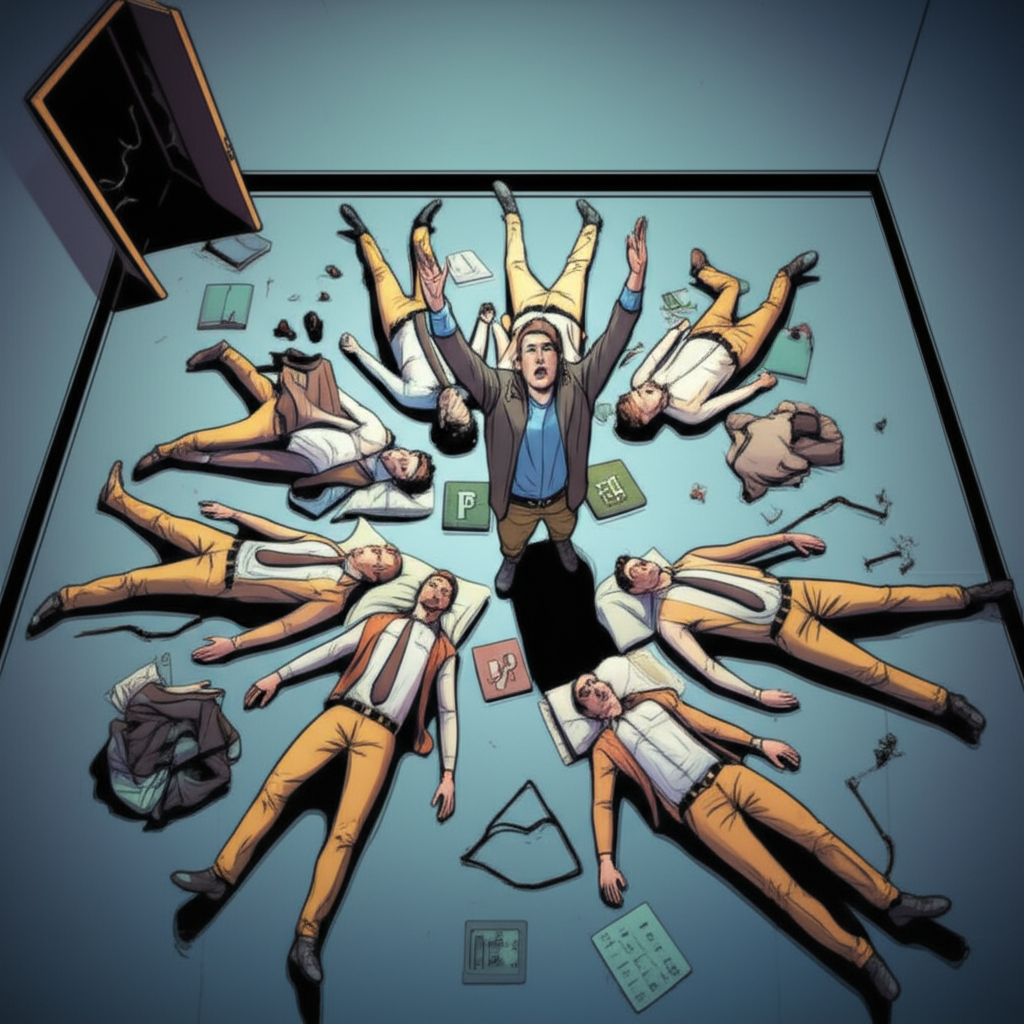 Comic illustration of executives sleeping on the floor of an escape room while one person stands in the center