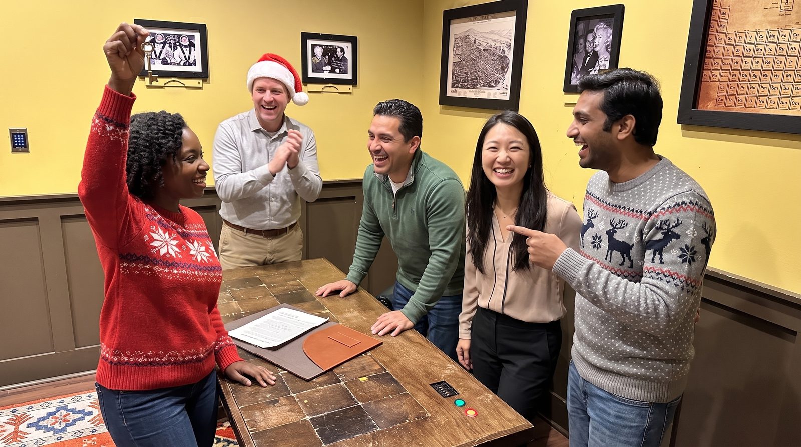 A coworker in a red holiday sweater holds up a brass key while four teammates laugh around the desk in The Inheritance escape room study