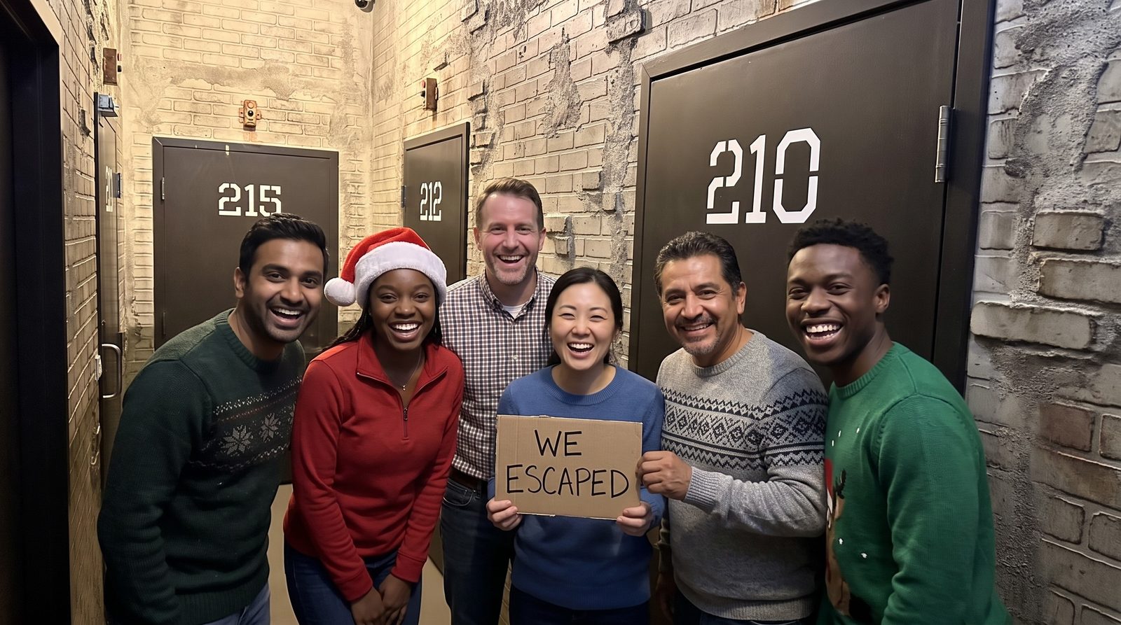 A diverse team of coworkers in holiday sweaters celebrates in front of cell doors 215, 212 and 210 in the C-Block Prison Break escape room