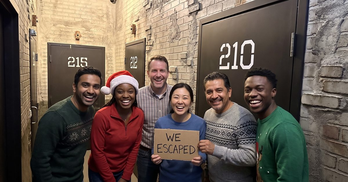 Six smiling coworkers in holiday sweaters and a Santa hat hold a cardboard WE ESCAPED sign in the C-Block Prison Break cell-block hallway
