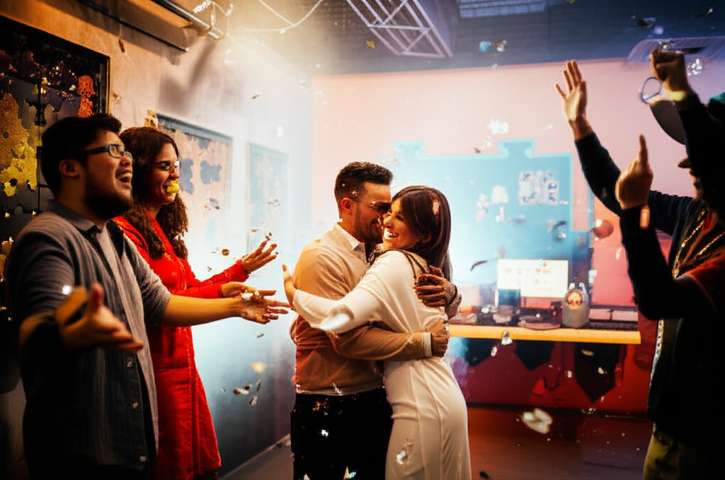 A newly engaged couple celebrating with friends inside an escape room