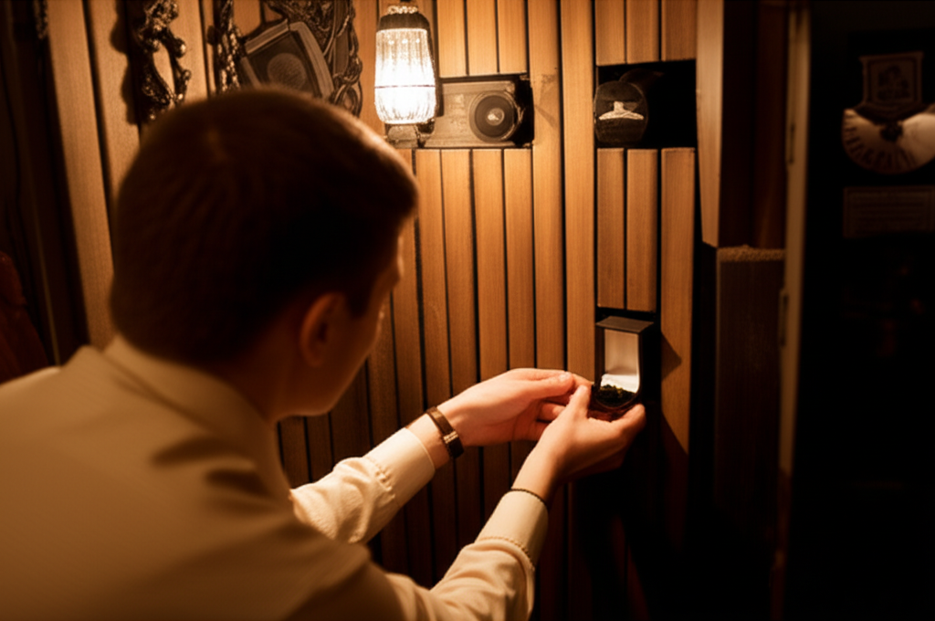 A game master placing a ring box in a hidden escape room compartment