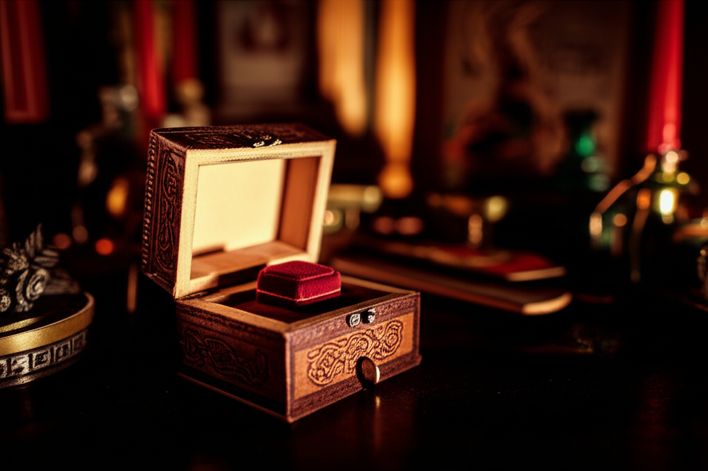 An engagement ring hidden inside a puzzle box in an escape room