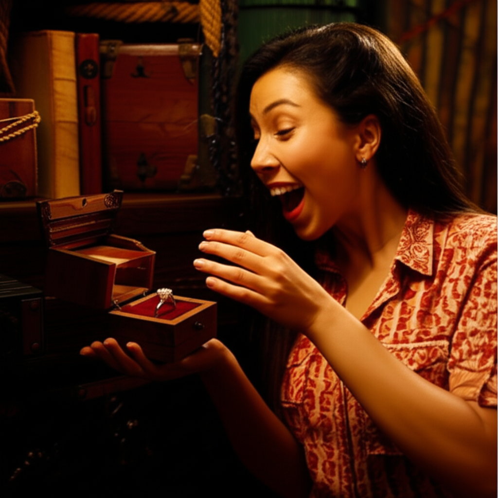 A woman discovering an engagement ring inside an escape room compartment
