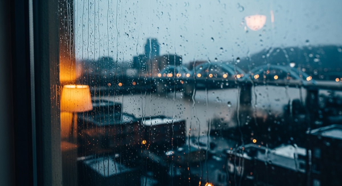 A rainy day view of downtown Chattanooga with umbrellas and city lights reflecting on wet streets