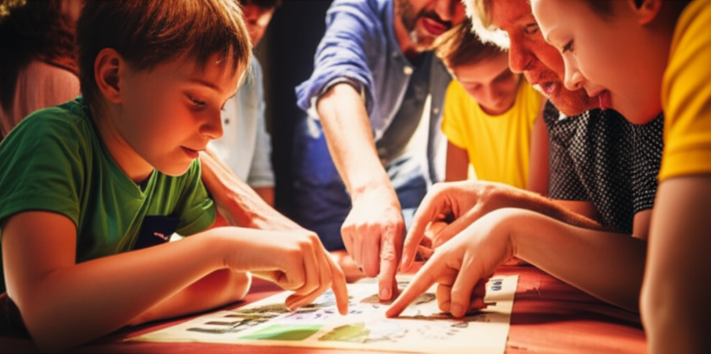 Family working together on escape room puzzles in Nashville