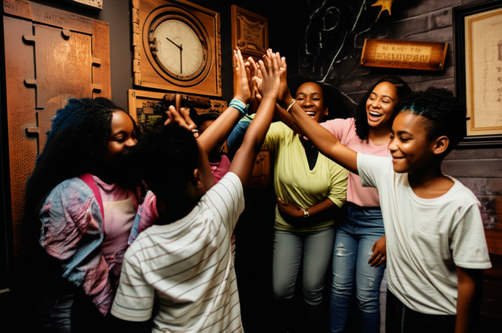 Family celebrating inside an escape room in downtown Nashville during spring break