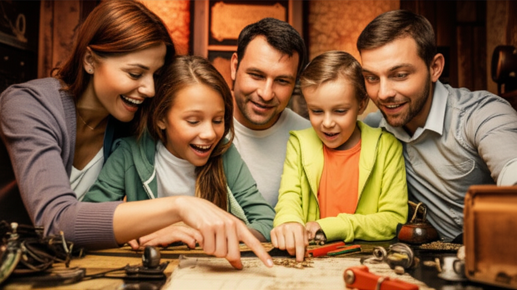 Family working together on puzzles during a spring break escape room