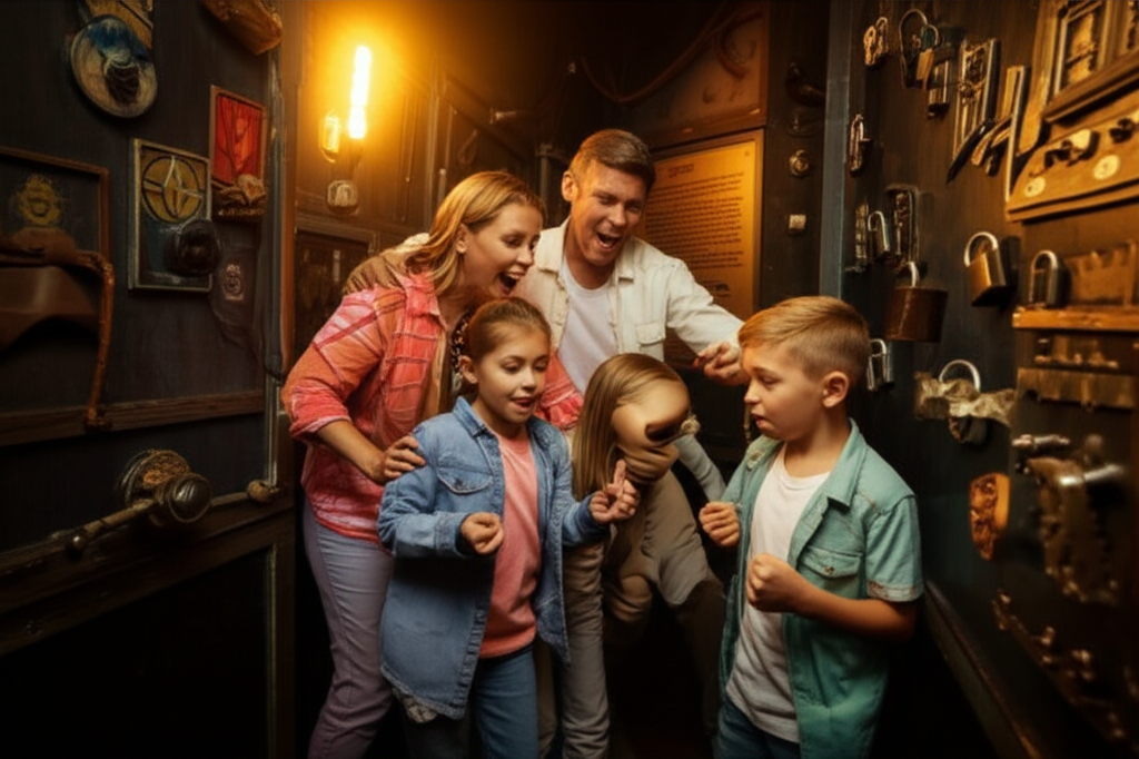 Family exploring an immersive escape room filled with puzzles and props