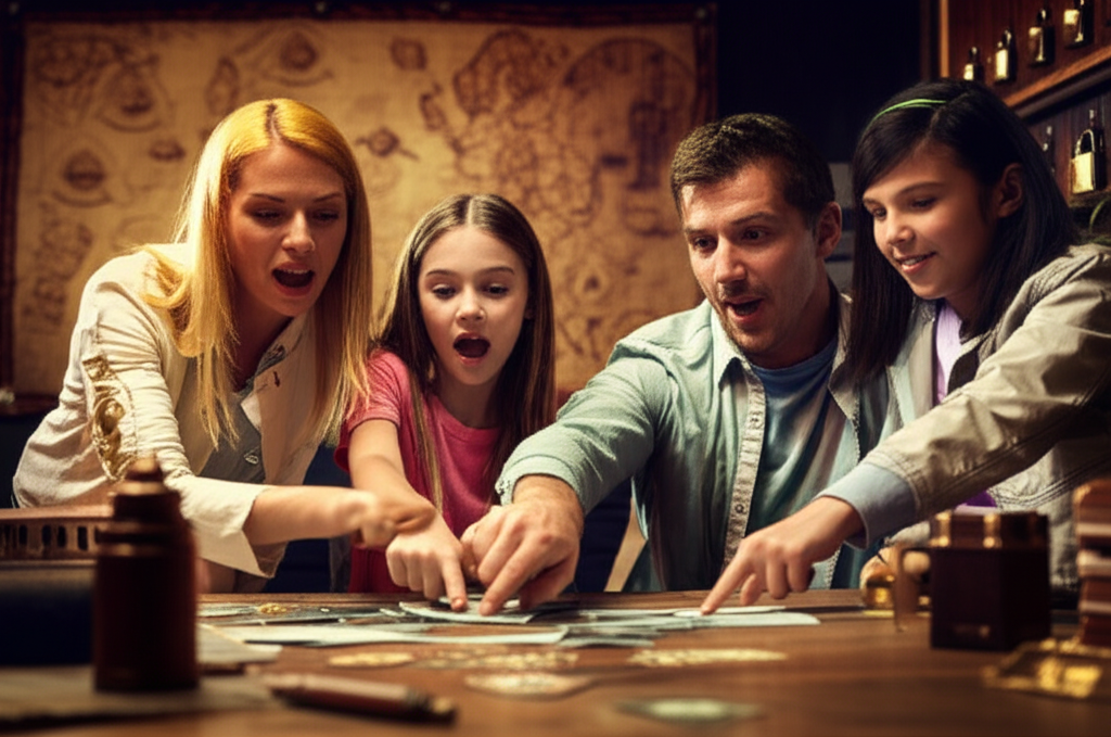 Family solving escape room clues together at a table