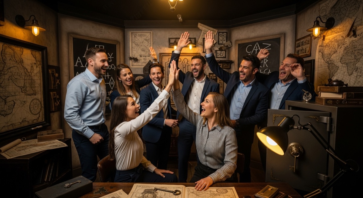 Corporate team celebrating after completing an escape room at Escape Experience Nashville