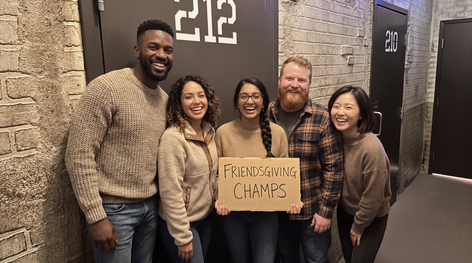 Five smiling friends in fall sweaters pose in the C-Block Prison Break cell-block hallway as one holds a cardboard sign that reads FRIENDSGIVING CHAMPS