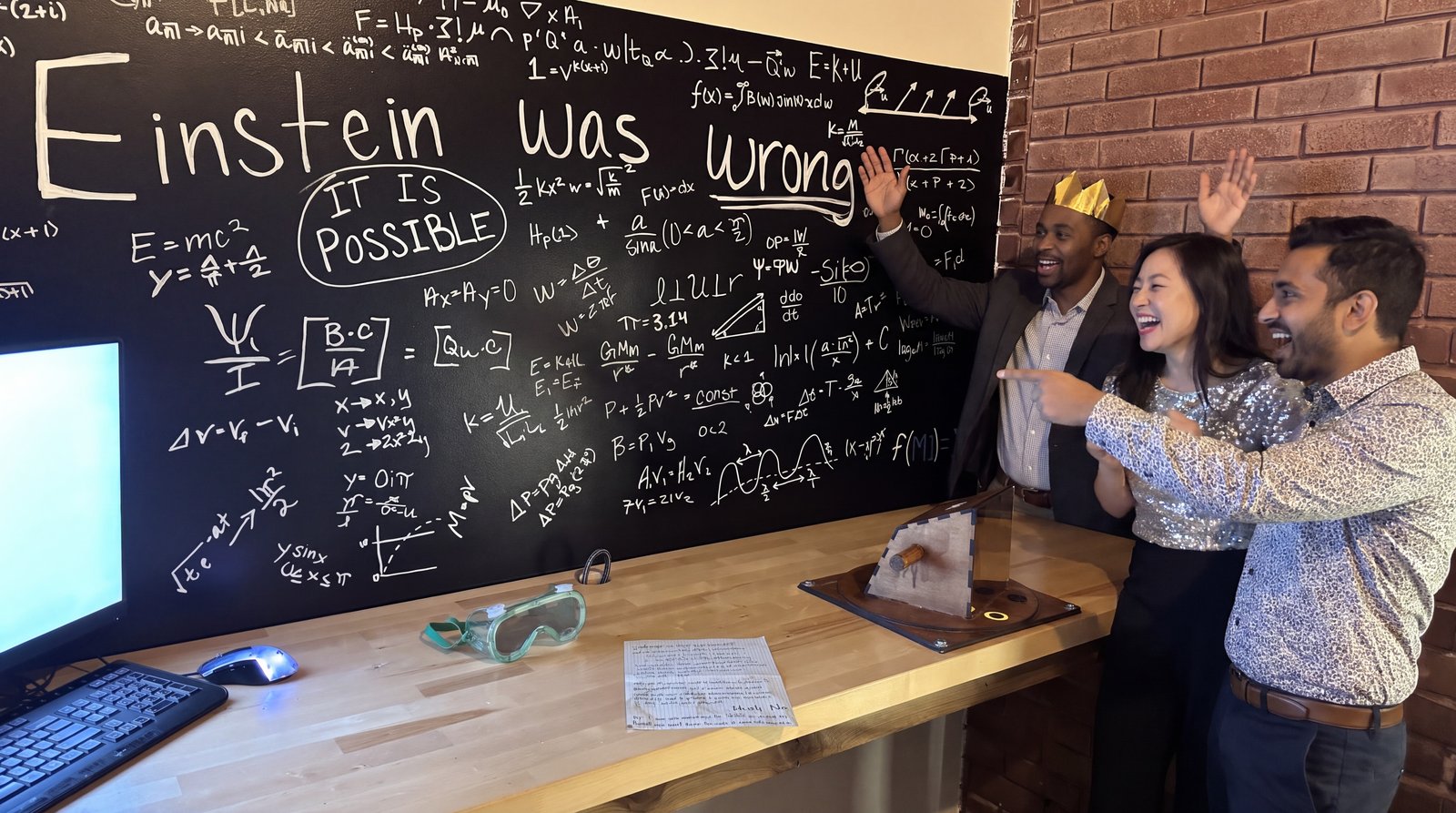 Three friends dressed up for New Year's Eve, one in a gold paper crown, cheer and point at the chalkboard that reads Einstein was wrong in The Inheritance time-travel lab