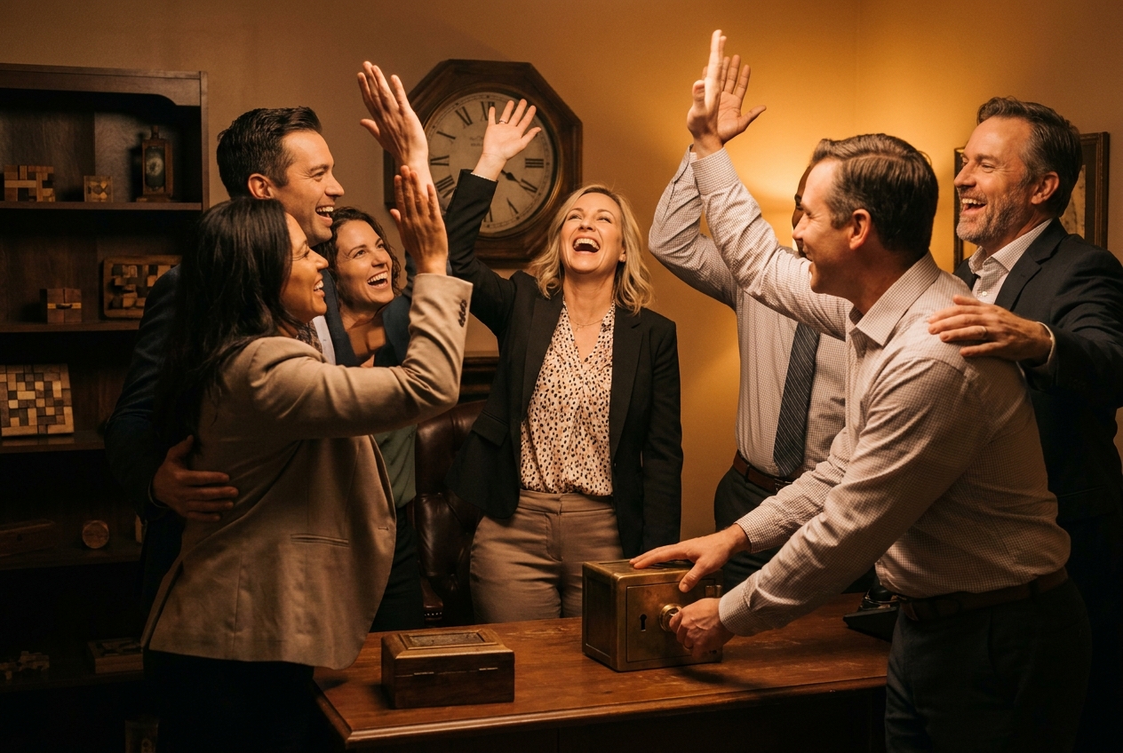 Large corporate group posing for a team photo at Escape Experience Nashville