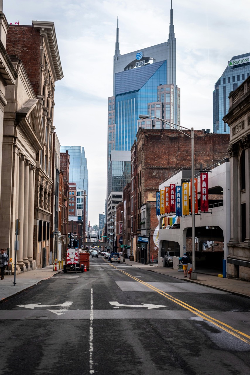 Downtown Nashville skyline with Broadway neon lights at dusk