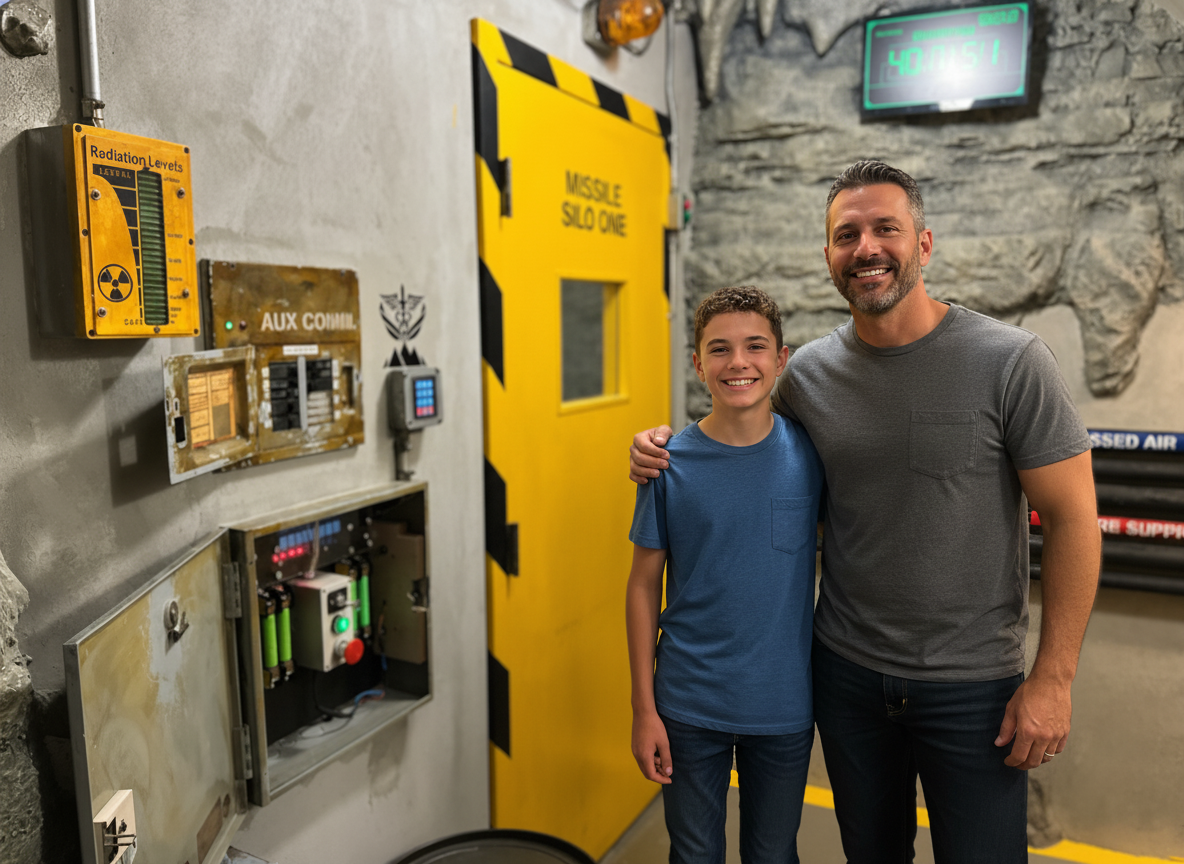 A dad and his teenage son standing in front of the missile silo door at The Bunker escape room in Chattanooga