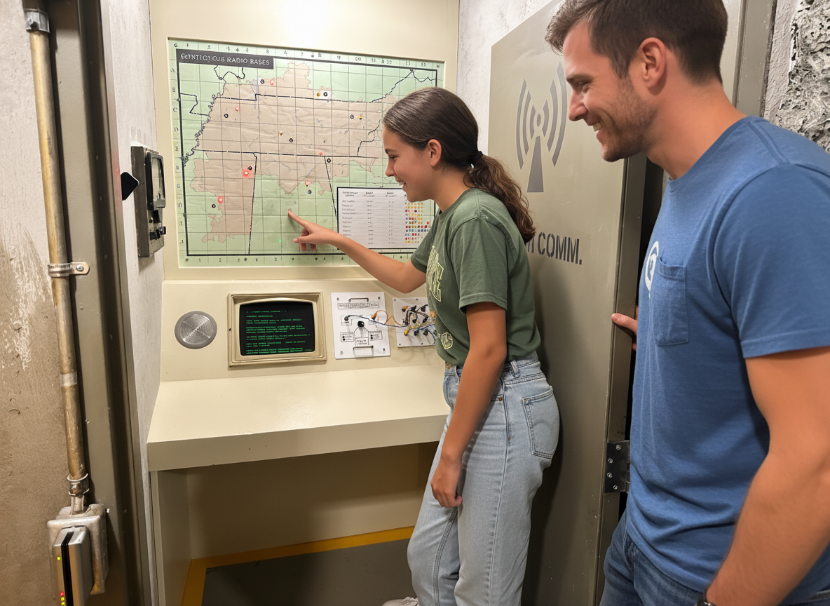A dad and his daughter solving a puzzle together inside The Bunker comms room in Chattanooga