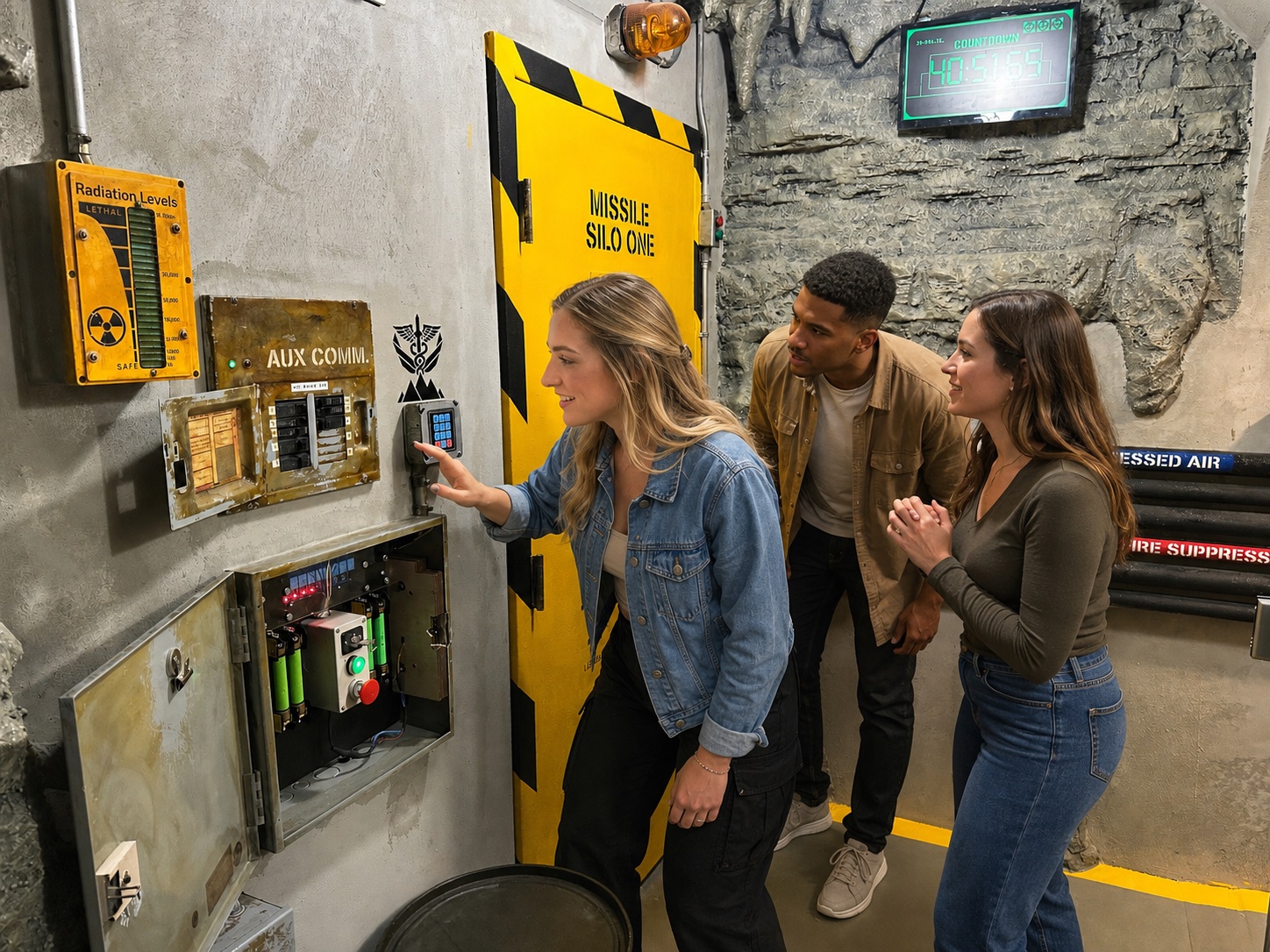 Three players work a control panel beside the Missile Silo One door inside The Bunker escape room in Chattanooga
