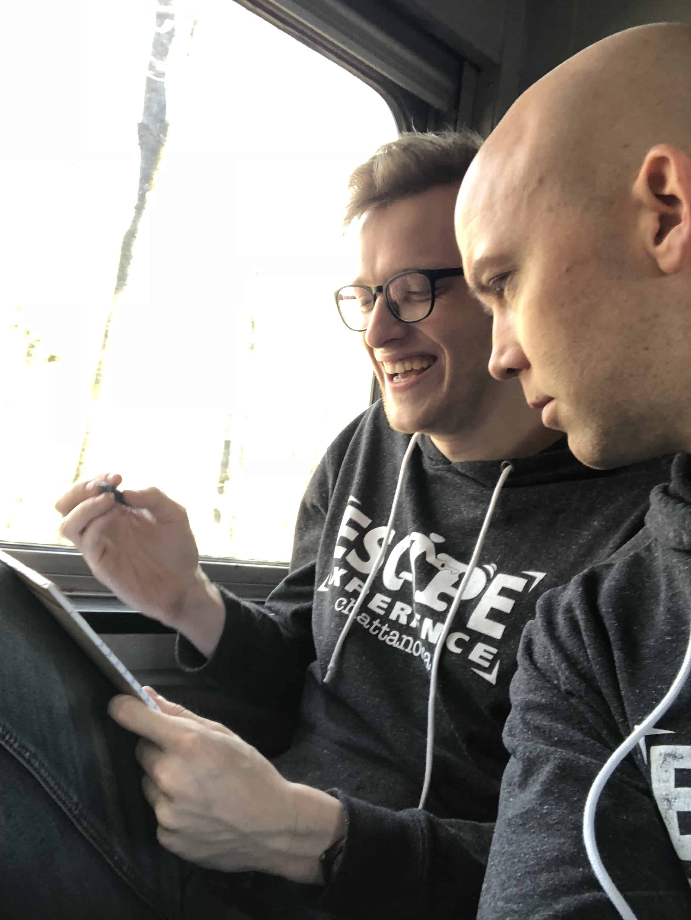 Walt and Michael riding the train for footage