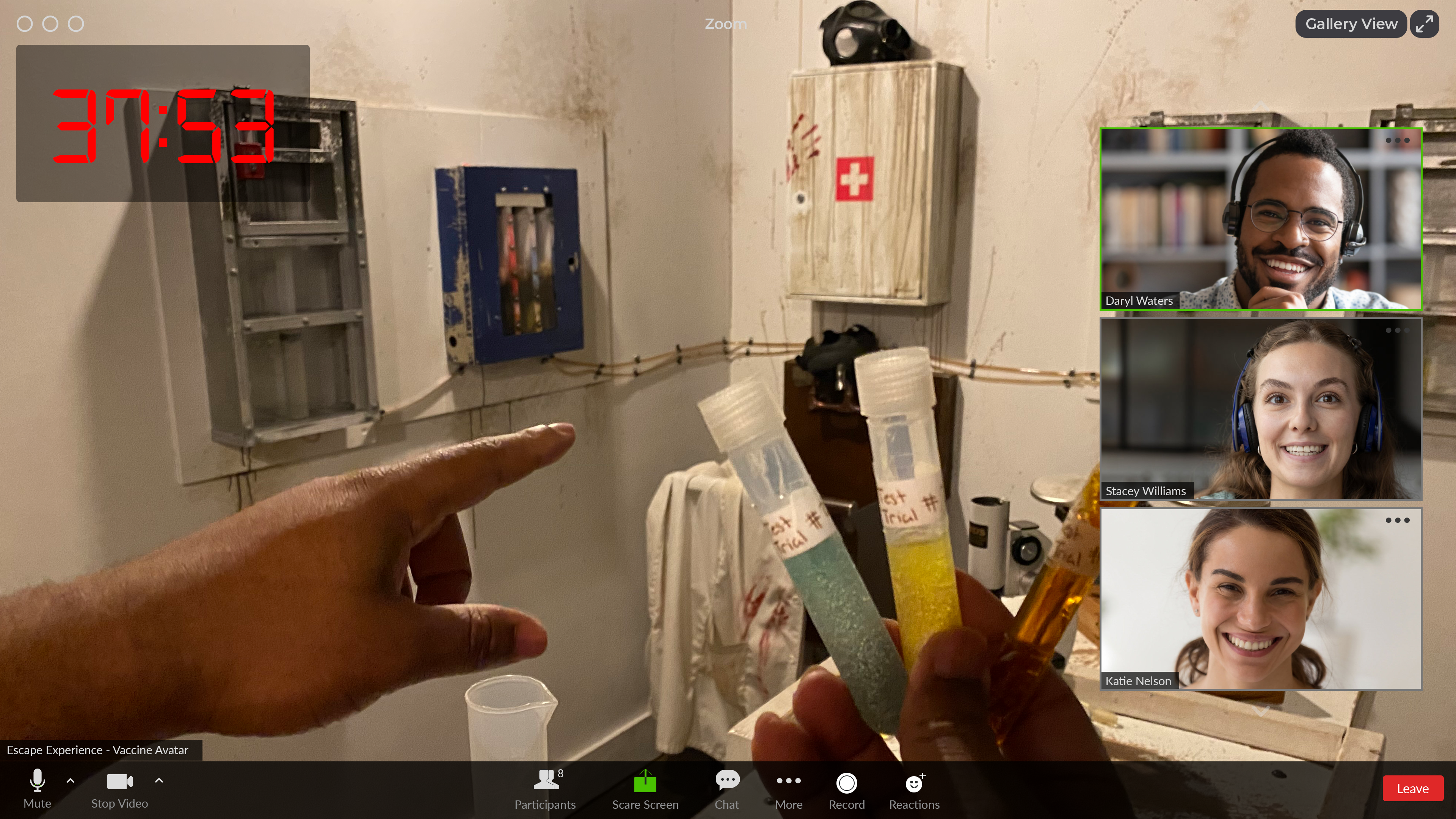 Escape room host wearing camera vest for virtual experience